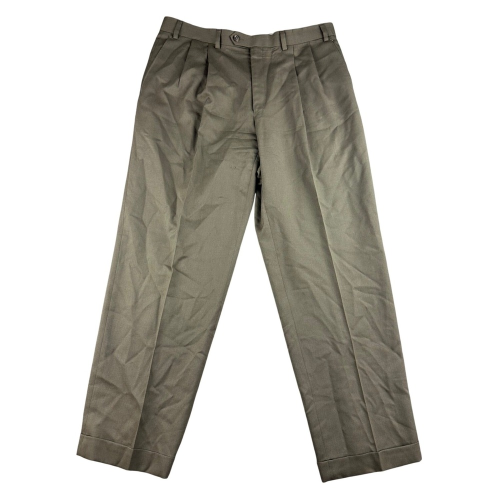 Chaps Dress Pants Men 36x30 Brownβ Solid Pleated 100% Wool Pocket Slacks Trouser